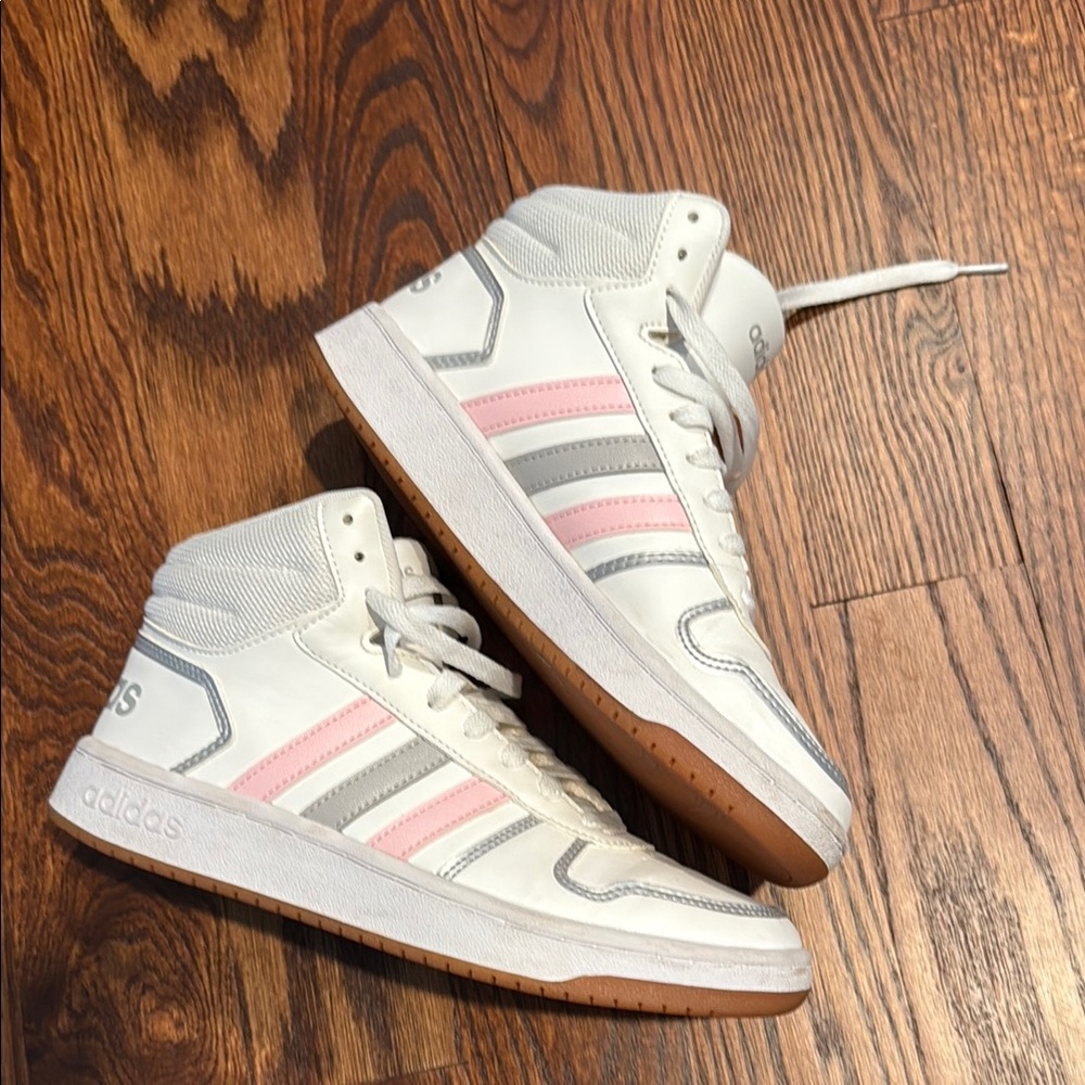 Adidas White Sneakers with Pink Stripes